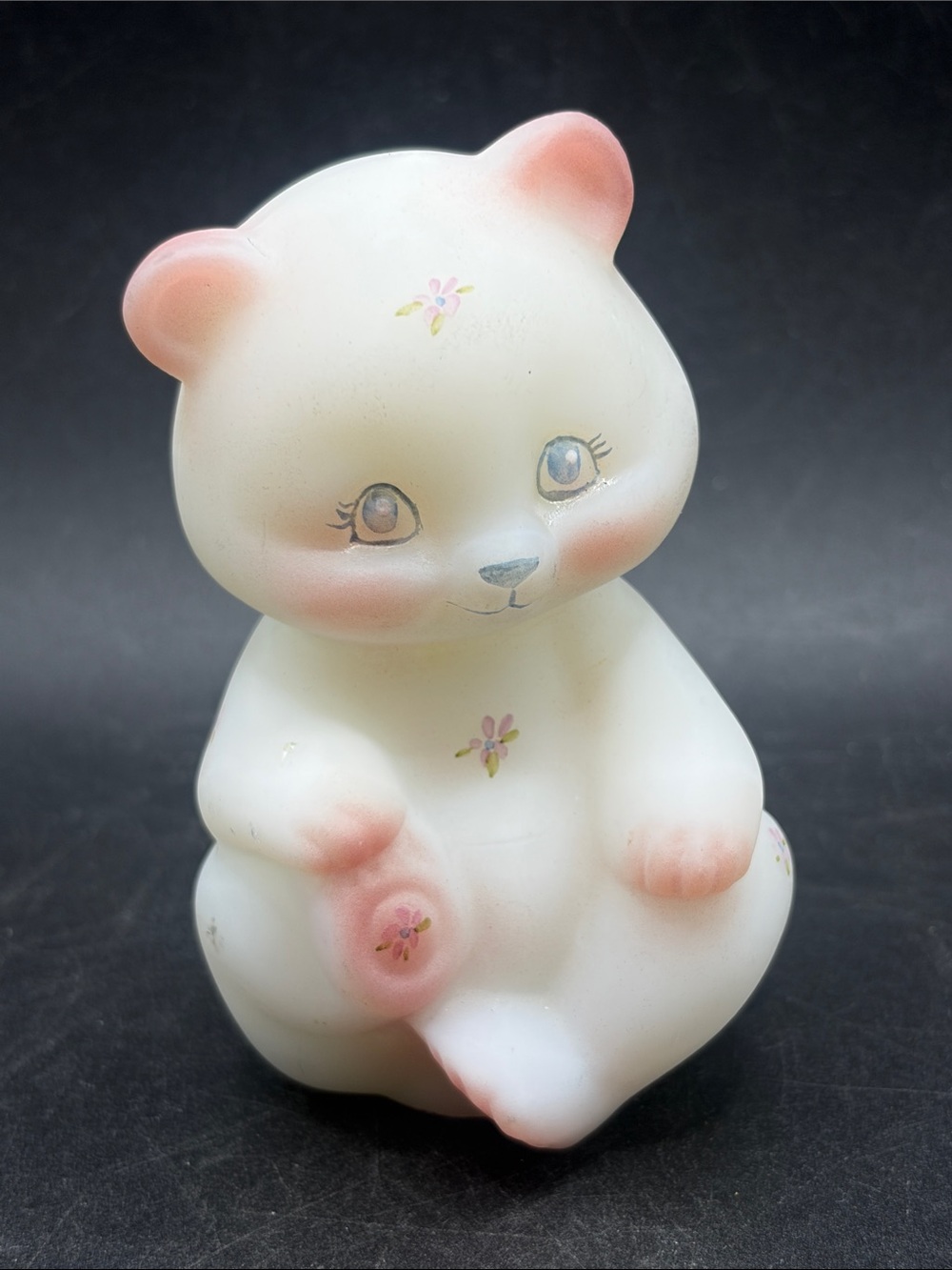 Fenton Vintage Hand Painted Satin Glass Bear Figure Artist Sign Kawaii Coquette